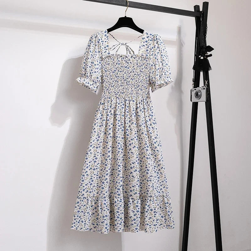 Spring Summer Chiffon Dresses Fashion Female Elastic Waist Short Sleeve Pleated Casual Dress Women A-line Dresses