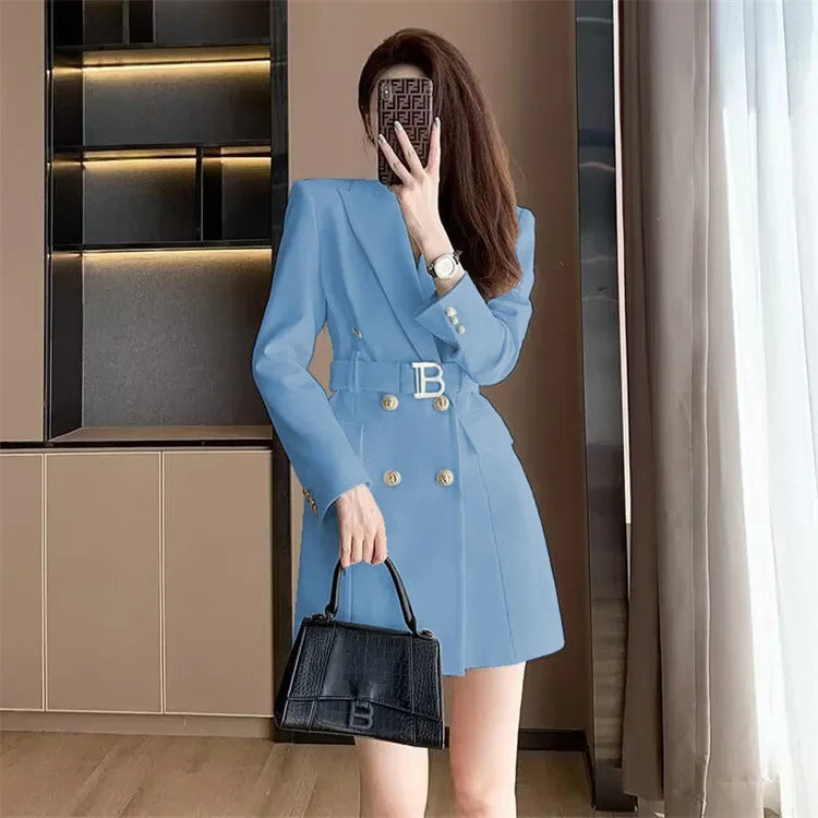 French Elegant Long Sleeve Suit Dress Waist-Cinching Short Size Professional Double-Buttoned Belted Coat