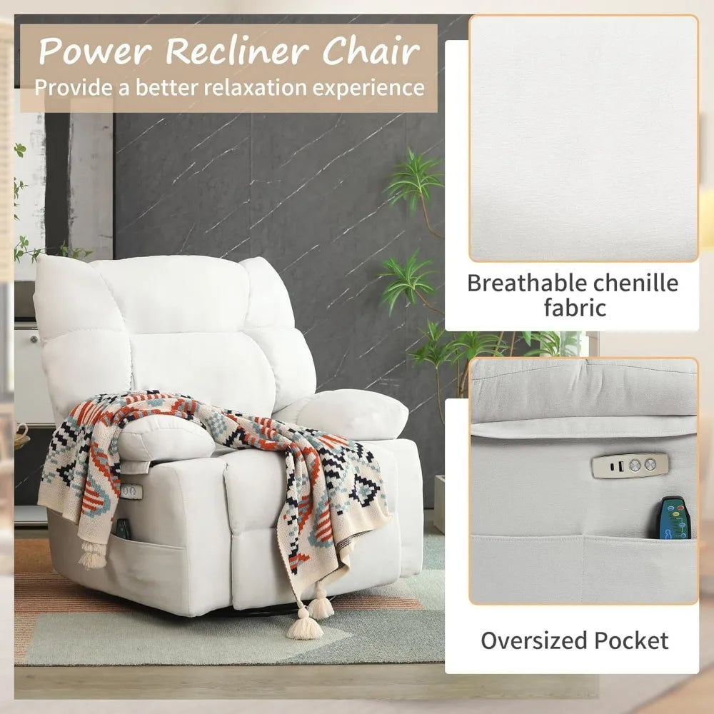 White Power Recliner Chair, Swivel Rocking Recliner Chairs for Adults with Massage and Heated, Soft Single Reclining Swivel Sof