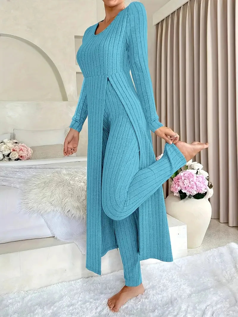 Autumn Casual Solid Set For Women Fashion O Neck Long Tops+High Waist Slim Pants 2 Piece Sets Lady Holiday Women's Clothing New