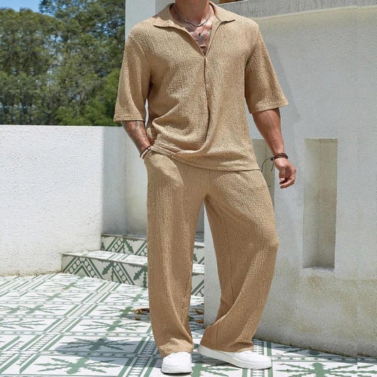 New Spring summer Men's retro casual suit collar solid color half-sleeved shirt loose drawstring pants Two-piece beach Suit