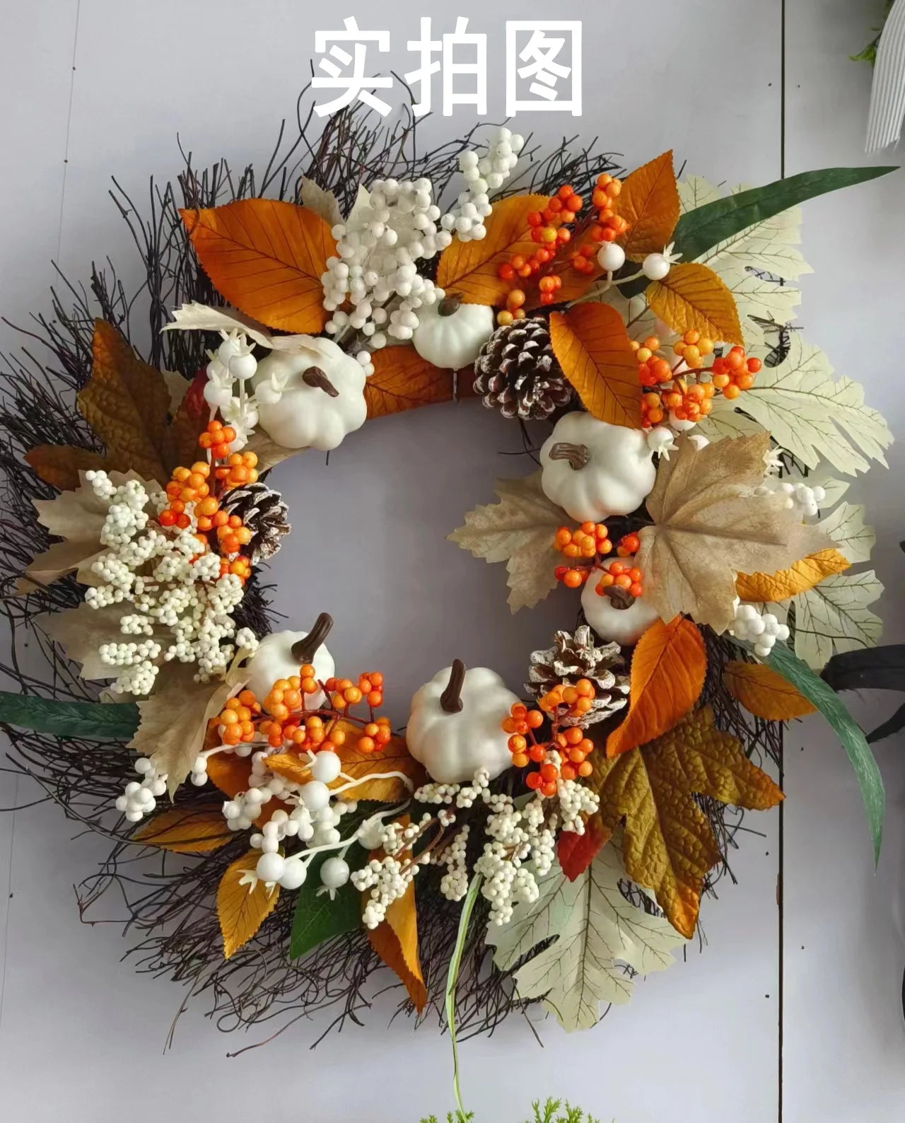Autumn White Pumpkin Wreath Thanksgiving Decoration Maple Leaf Wreath For Front Door Hanging Indoor Outdoor Wall Home Decor 2025
