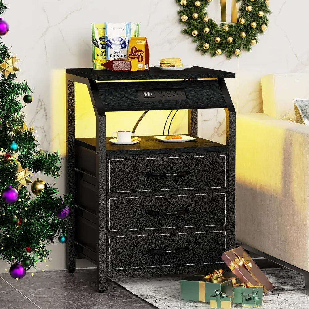 End Tables Set of 2, Nightstands with Charging Station and LED Lights, 3 Drawers Fabric Dressers, Storage Side Tables for Bedsid