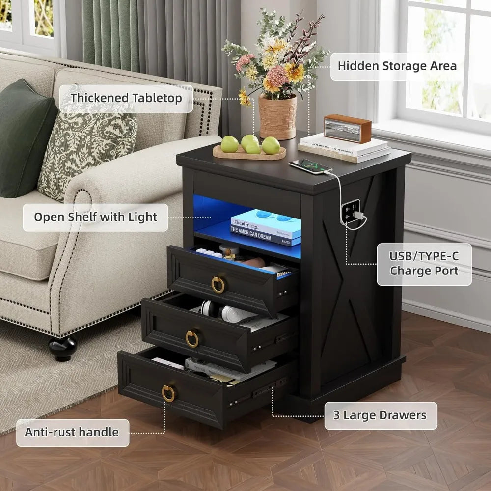 Farmhouse Nightstand Set 2 with Gun Drawer,Bedside Table with Charging Station and Human Body Senor,3 LED Lights Night Stand