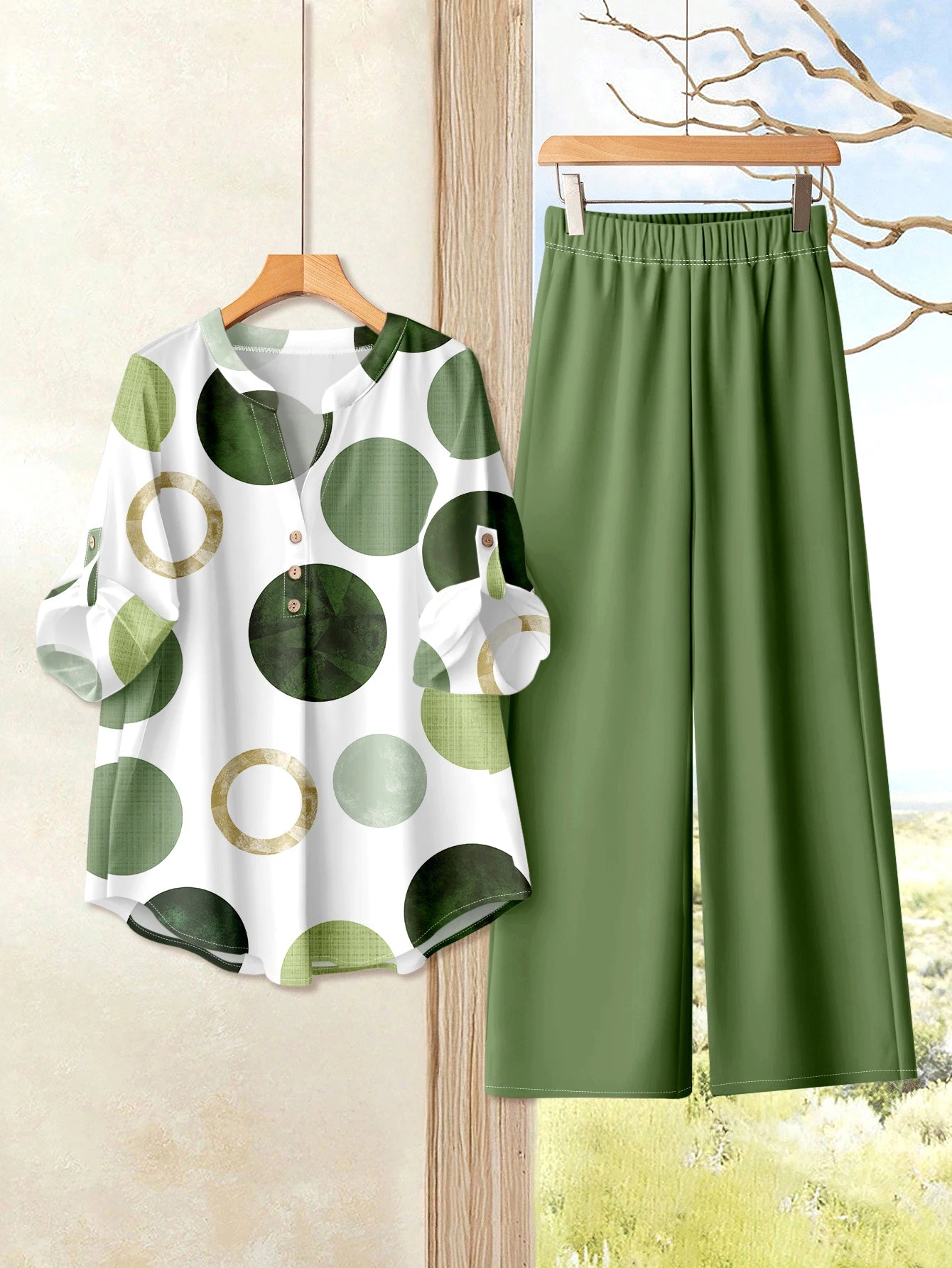 V Neck Button Elegant Loose Office Party 2 Pieces Set For Woman