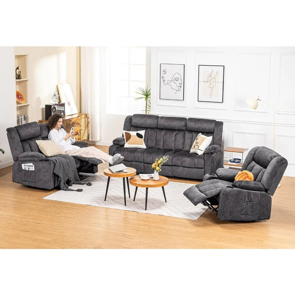 Manual Recliner Chair Set，Fabric Reclining Sofa Chair with Cup Holders, Upholstered Recliner with Side Pockets Suitable for Liv