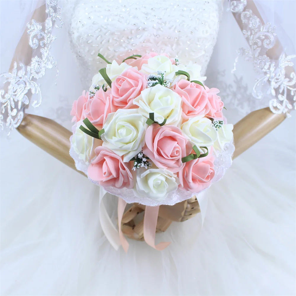 YO CHO Bridal Wedding Bouquet Artificial PE Rose Flower Fake Pearl Bouquet Blue Bridesmaid Marriage Wedding Supplies Decorations