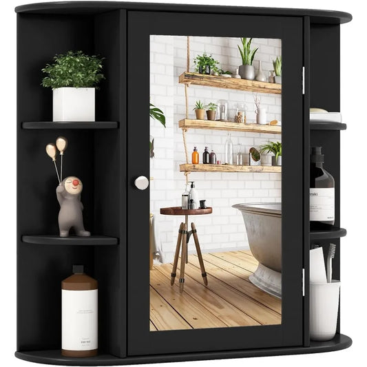 Tangkula Bathroom Medicine Cabinet with Mirror, Wall Mounted Home Storage with Door & 6 Open Shelves, (Black)
