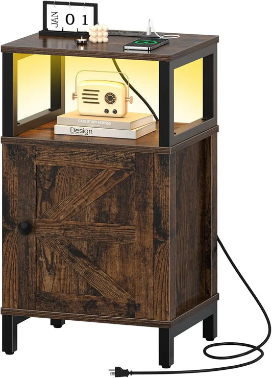 Farmhouse Nightstand with Charging Station, Wood Night Stand End Table with USB Ports, LED Bed Side Table with Storage Cabinet,
