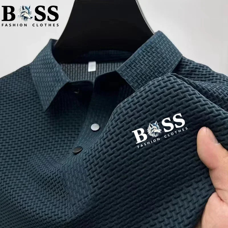 2025 Men's Casual Luxury Trend Ice Silk Quick-Dry Collarless Short-Sleeved Polo Shirt - Summer High-Quality Comfortable Breathab