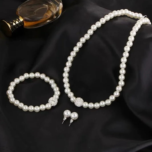 Set 3pcs Classic Trendy Pearl Crystal Necklace Bracelet Earring for Women Luxury Wedding Bride Set Jewelry Gifts