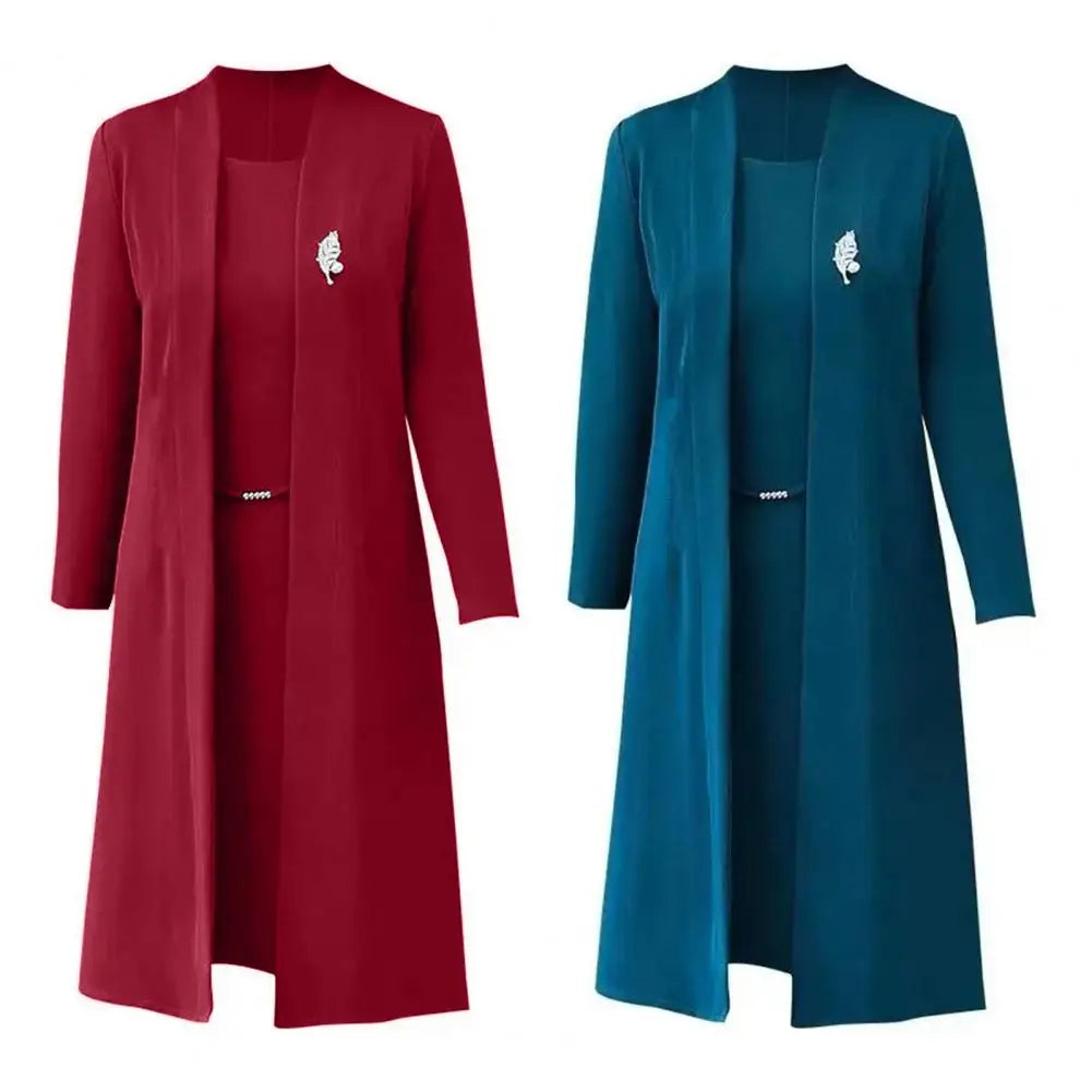 Women Dress Coat Suit Elegant Long Coat Dress Set Middle-age Women Formal Suit Set Long Cardigan O Neck Sleeveless Dress