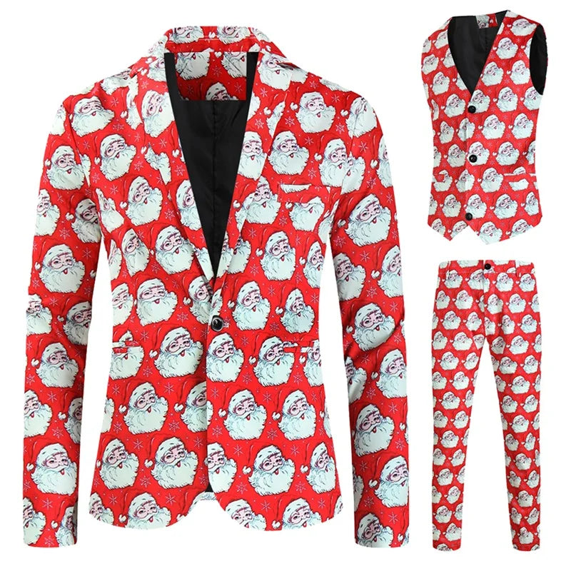 Men Christmas 3Pcs Suit Cartoon Print Long Sleeve Single Breasted Jacket with Vest Pants