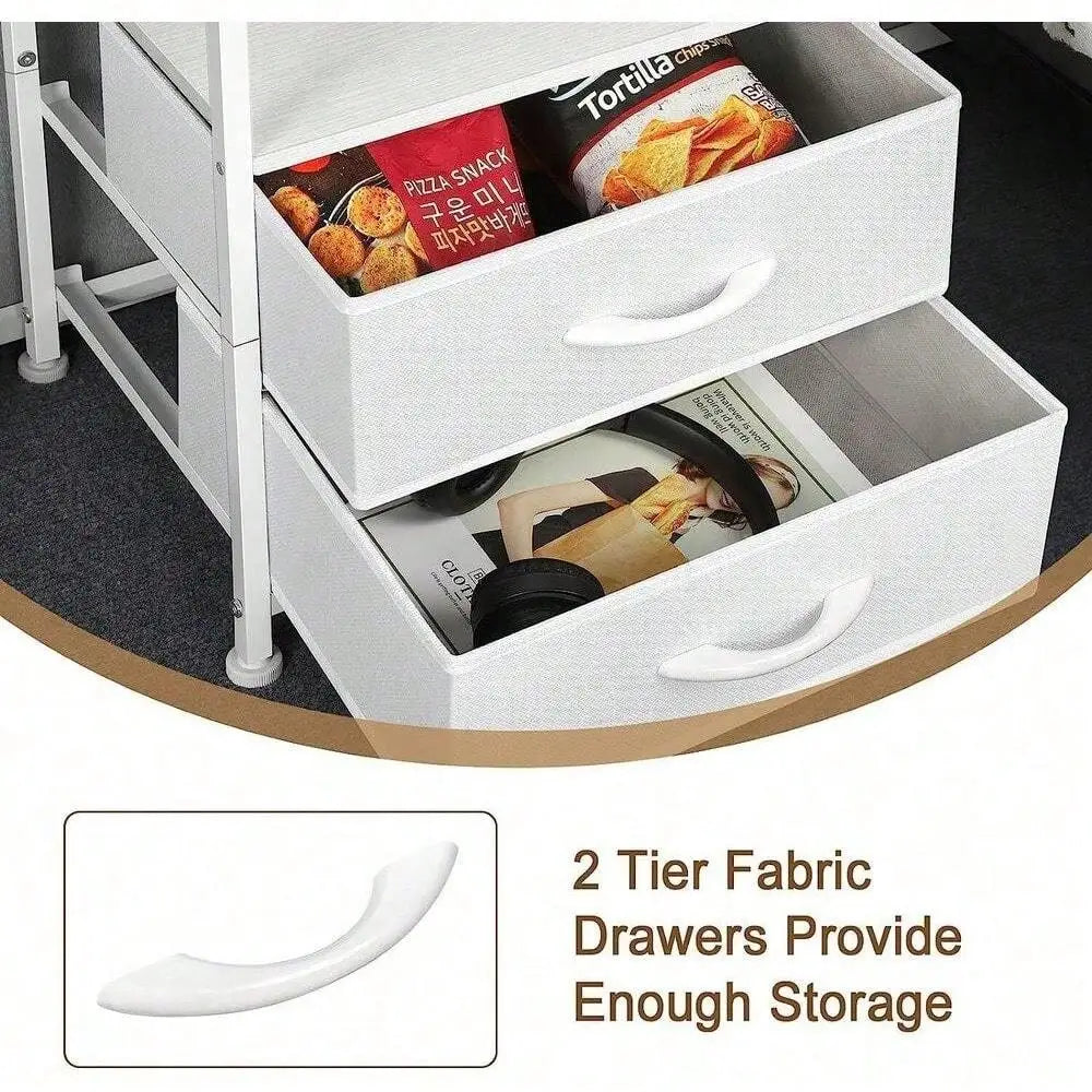 Bedroom Nightstand Set of 2 White End Table w/ Fabric Drawers & Charging Station