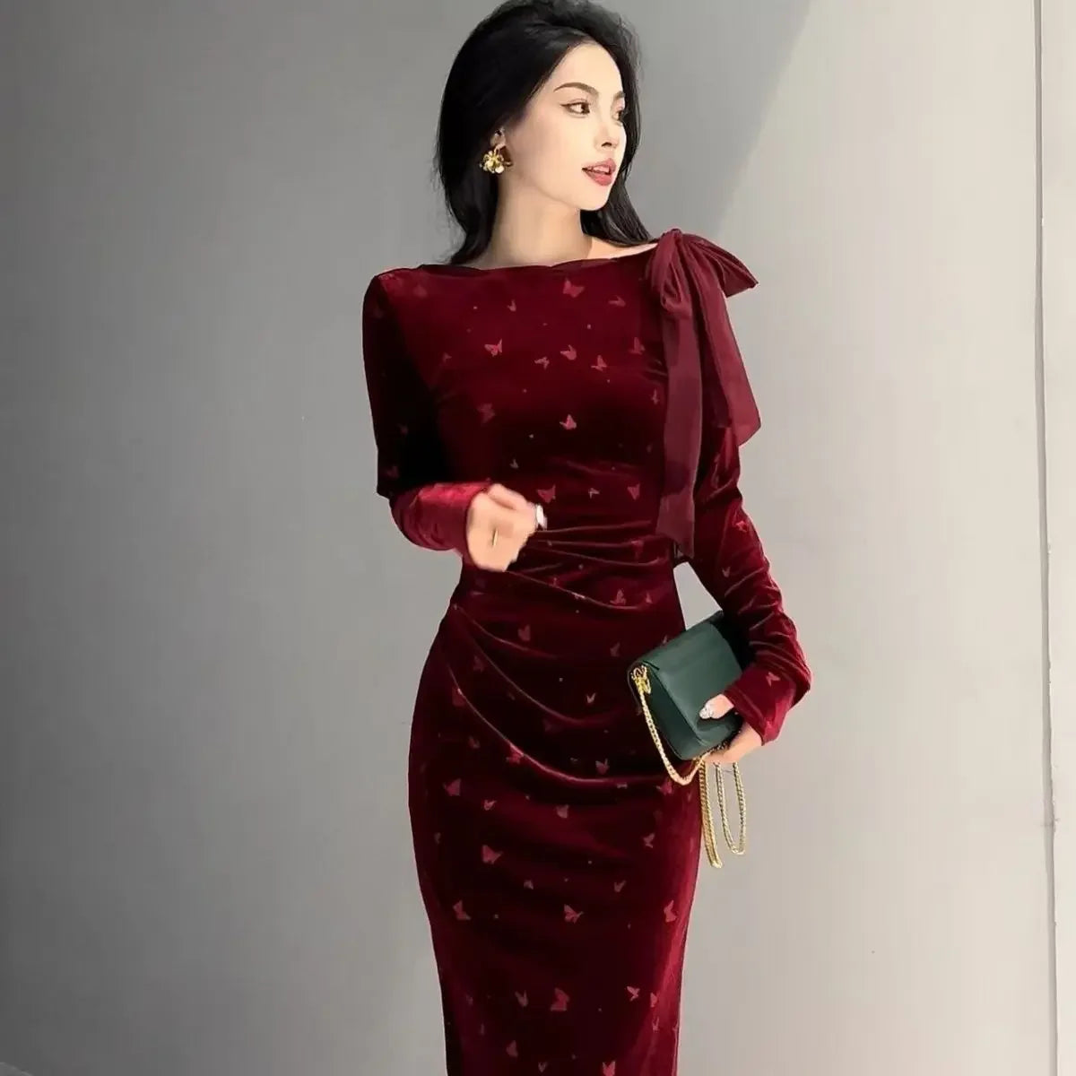 New Autumn Winter Long-sleeved Streamer Printed Floss Dress