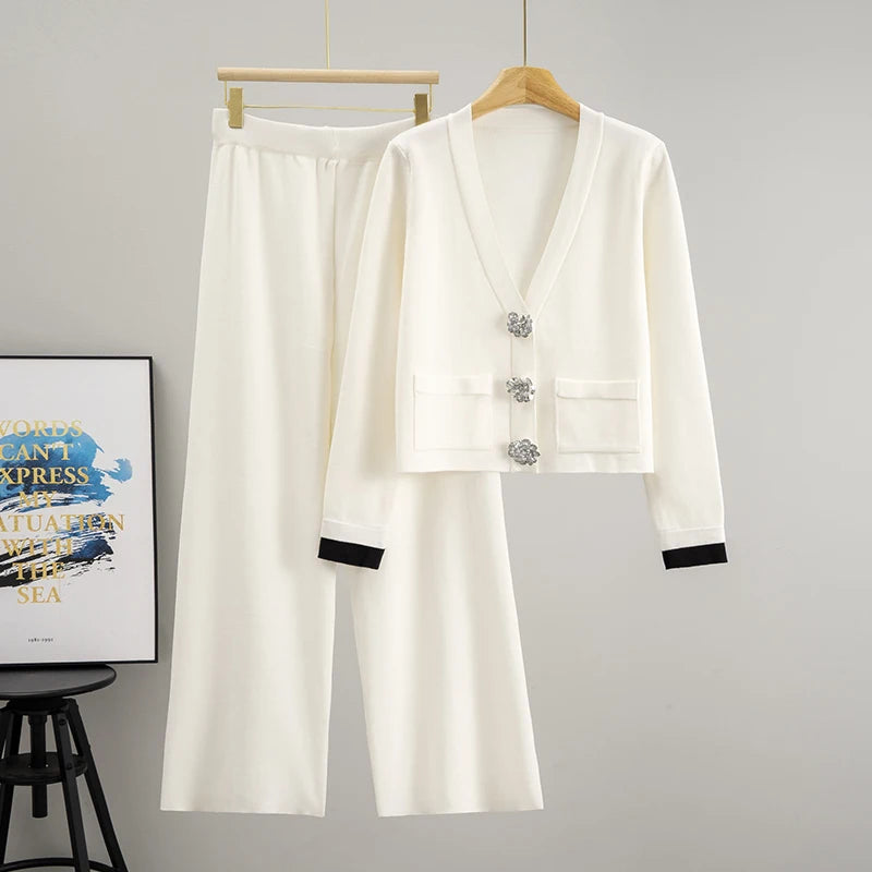 2025 Autumn  Casual Women's Knitted Pants Set V-neck Long Sleeved Single Breasted Knitted  Cardigan Wide Leg Pants Two Piece Set