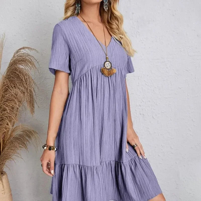 Women  Peplum Dresses Spring V-Neck Short Sleeve Loose Waist Ruffle Fit Flare Vocation Dresses