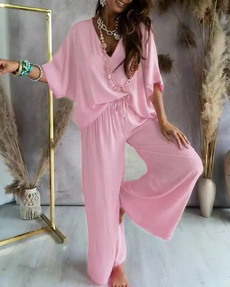 Casual Loose Two Piece Set Women Fashion V-neck Pants Sets Women Elegant Batwing Sleeve Homewear Outfits 2 Piece Sets