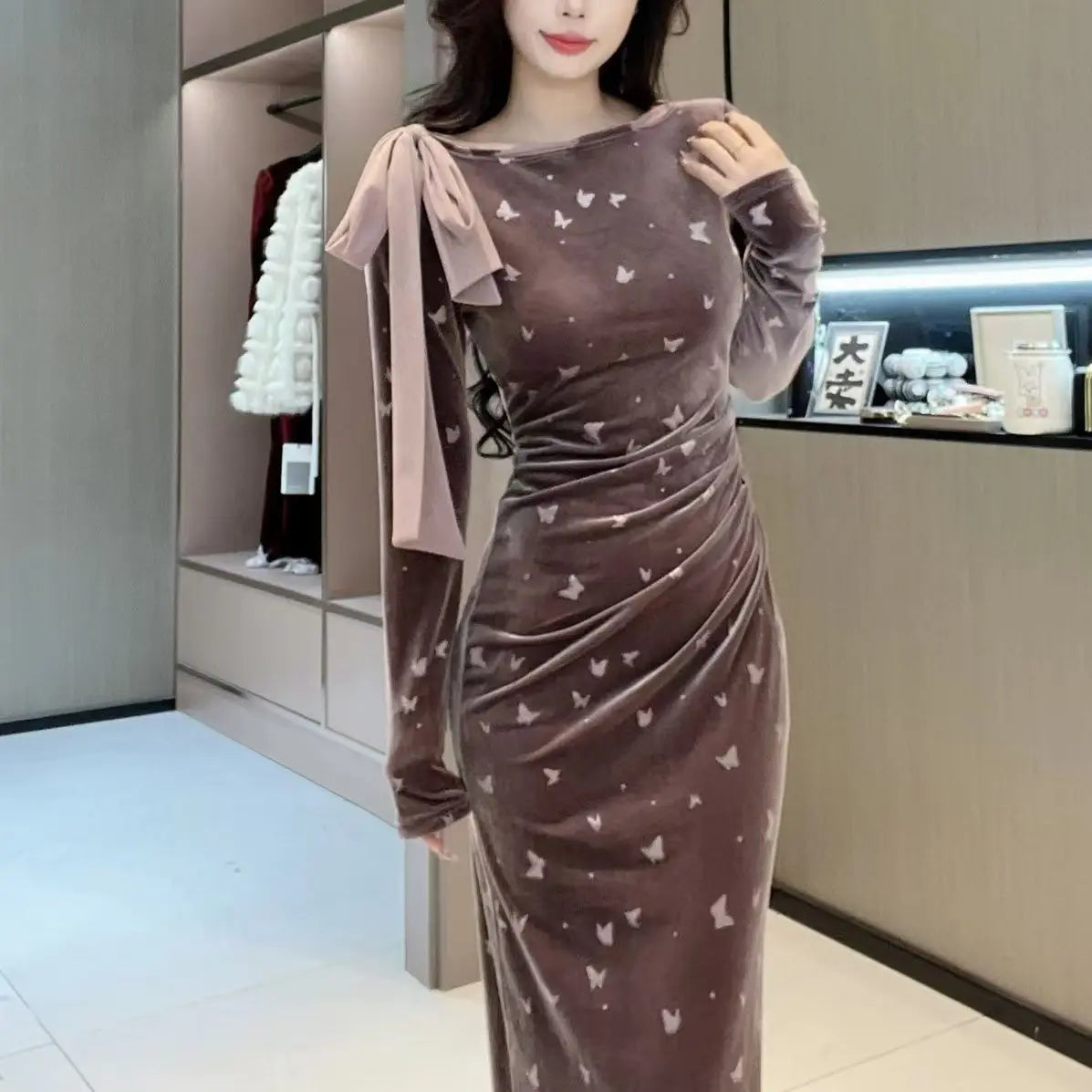 New Autumn Winter Long-sleeved Streamer Printed Floss Dress
