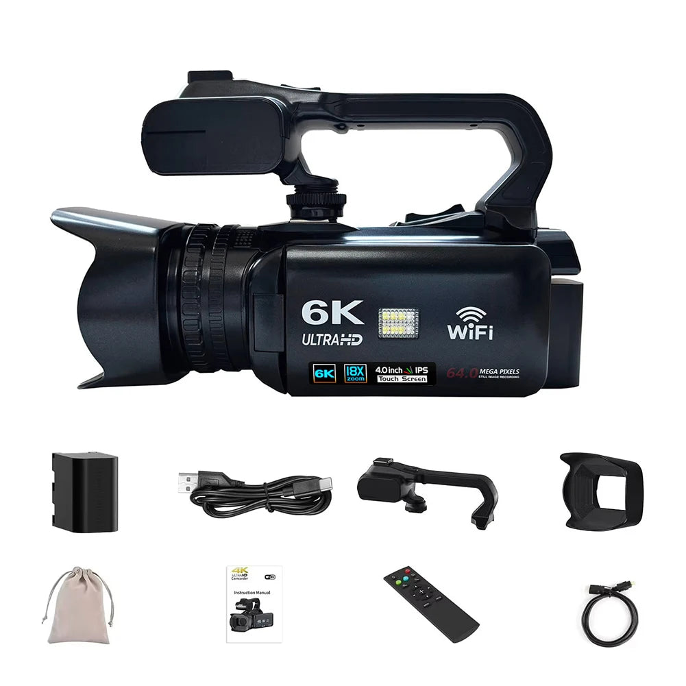 6K Digital Video Camera 64MP 4inch Touch Screen Vlogging Camera 18x Digital Zoom Camcorder for YouTube Live Streaming Vlogging