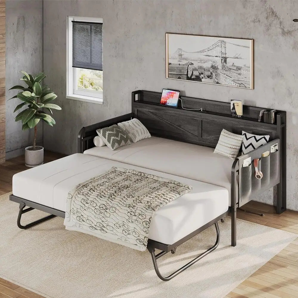 LIKIMIO Twin Daybed with Trundle Bed, Storage Headboard with Charging USB Station, Sofa Day Bed with Strong Supports for Bedroom