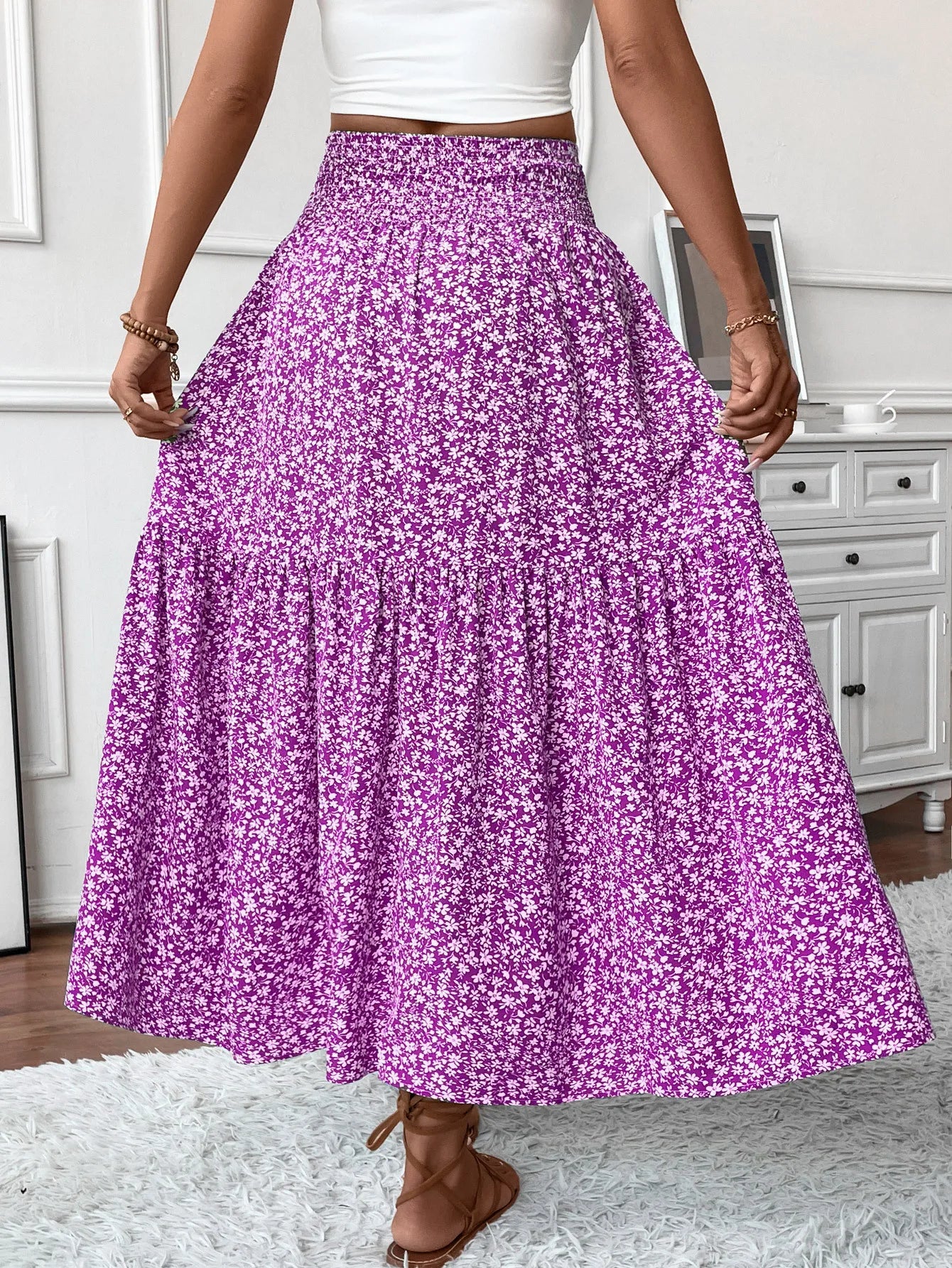 Women New Classic Printed Skirt Retro High Waist Long Skirt Casual Stylish Loose Beach Skirt Elegant Ladies Floral Pleated Skirt