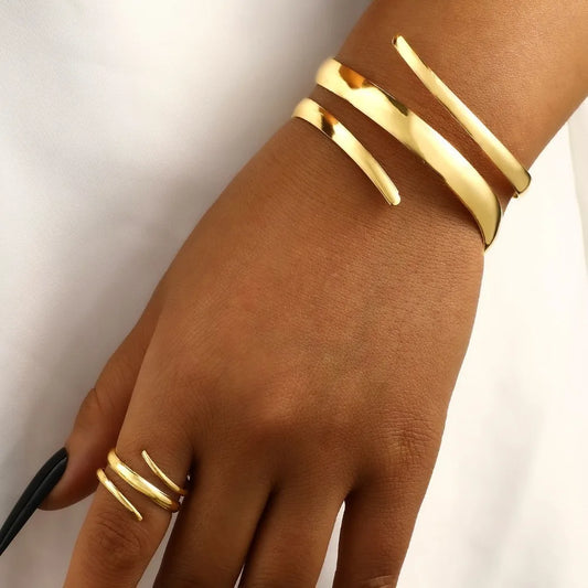 2 Pcs Set Gold Color Spiral Multilayer Bracelet Ring  Jewelry Sets Gift