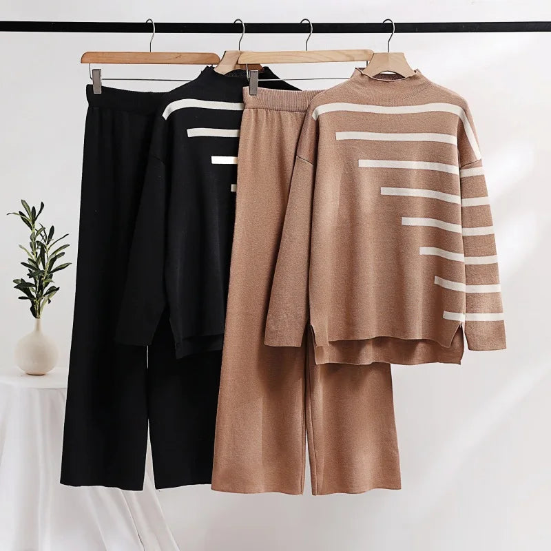 Loose Knitwear 2 Pieces Sets Women Striped Long Sleeve Knit Pullover Tops Conjuntos Korean High Waist Wide Leg Pants Tracksuit