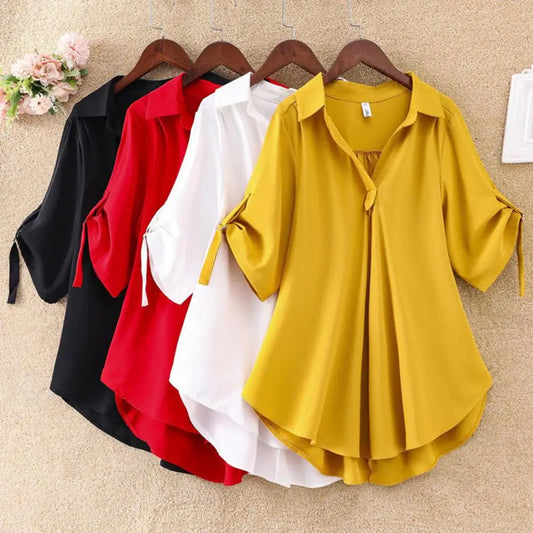 Women Summer Blouse Tunic Fashion Casual Women's Chiffon Tops Solid Color Cool Ladies V Neck Loose Blouse Summer Simple Blouse
