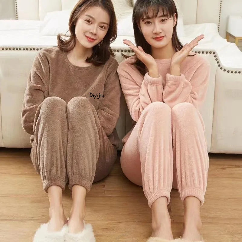 Warm Coral Fleece Pants Set Women's Loose Comfortable Home Wear Outerwear Versatile Lazy Girl Style Long Sleeve Cartoon Print