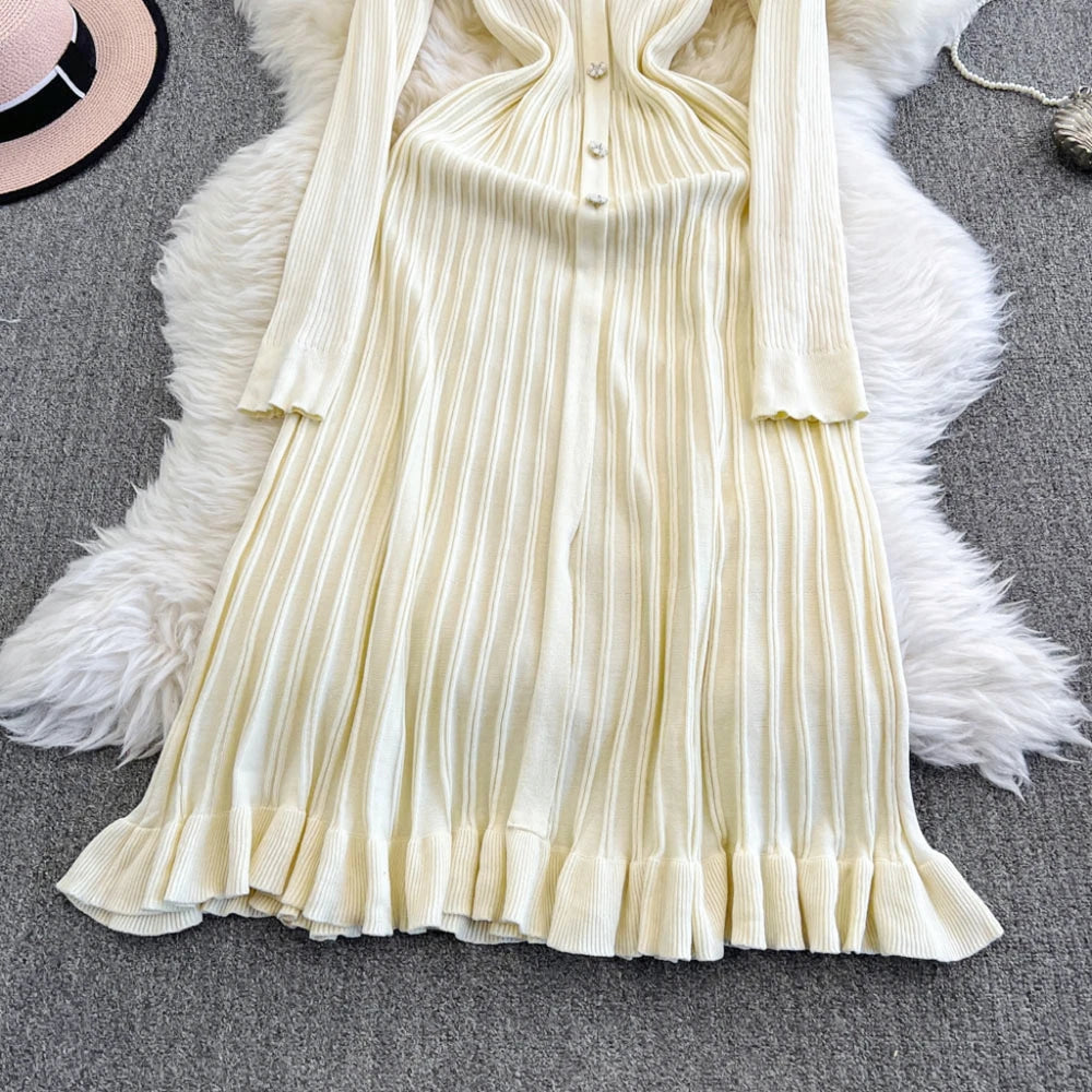 YuooMuoo Autumn Winter Women Knitted Long Dress Brand Fashion V-neck Slim Waist Pleated Sweater Dress Lady Office