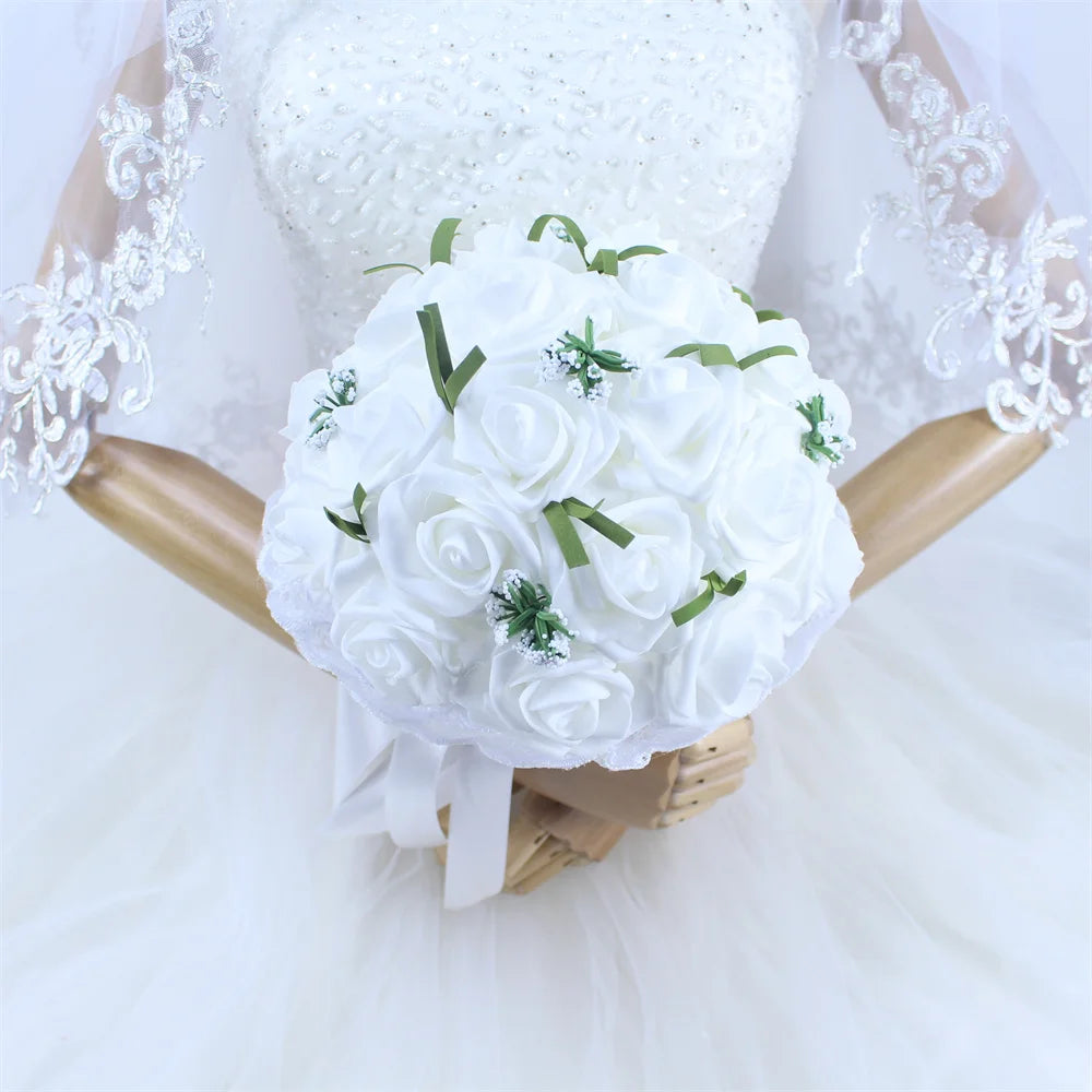 YO CHO Bridal Wedding Bouquet Artificial PE Rose Flower Fake Pearl Bouquet Blue Bridesmaid Marriage Wedding Supplies Decorations