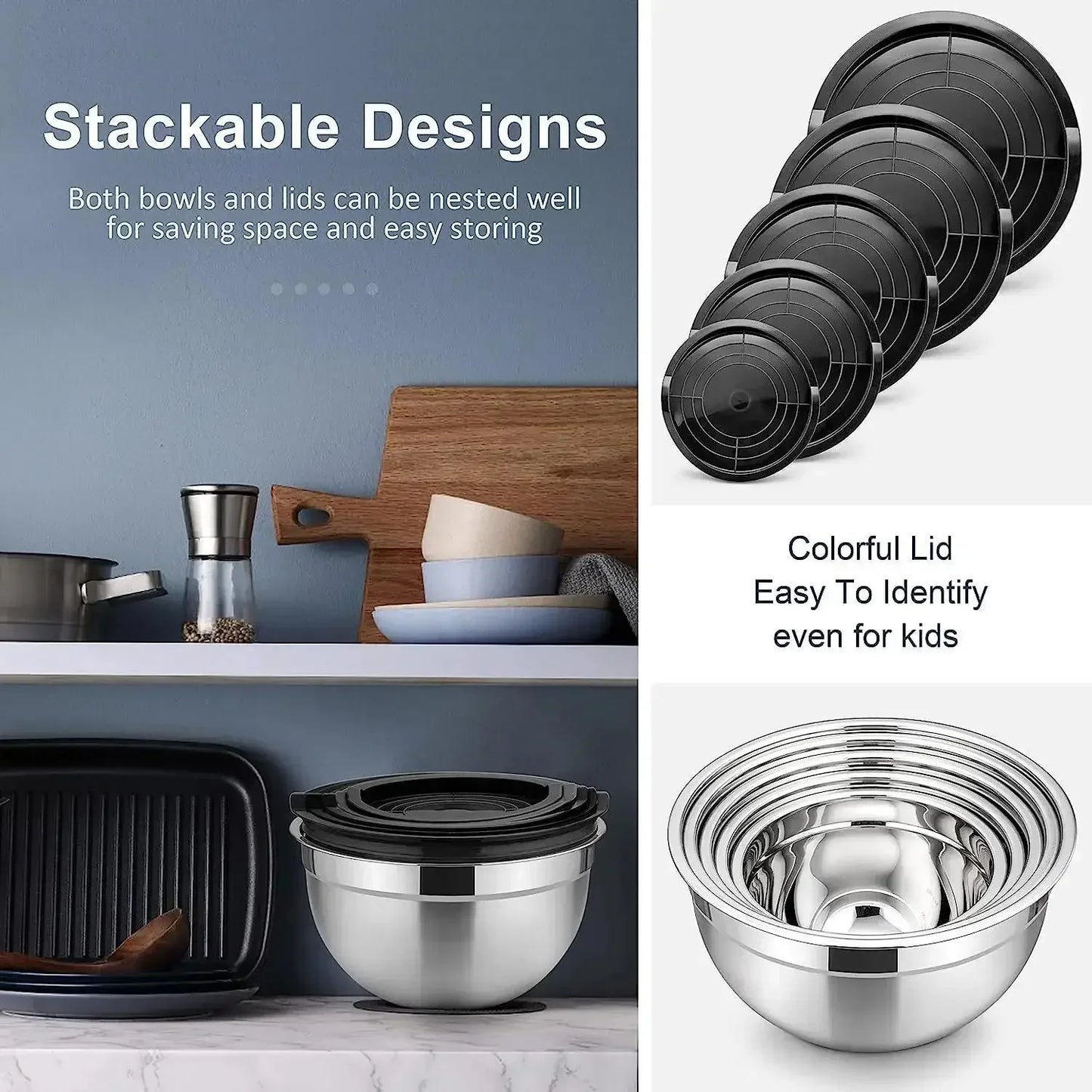 5-Piece Stainless Steel Nesting Mixing Bowl Set - Kitchen Essentials for Baking, Serving,Dishwasher Safe, and Easy to Store
