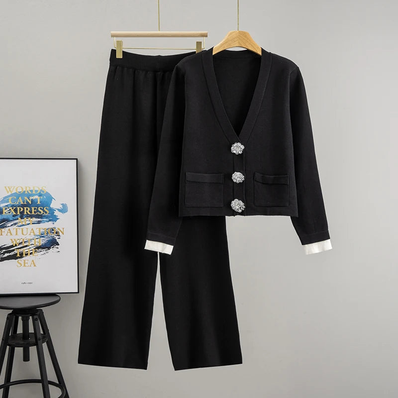 2025 Autumn  Casual Women's Knitted Pants Set V-neck Long Sleeved Single Breasted Knitted  Cardigan Wide Leg Pants Two Piece Set