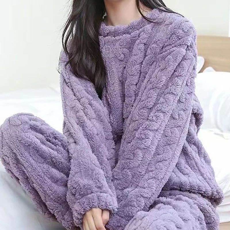 Autumn Women Solid Warm 1/2 Piece Sets Thicken Velvet Ribbed Fleece Set Pullover And Pants Women Casual Pajama Sets 2025