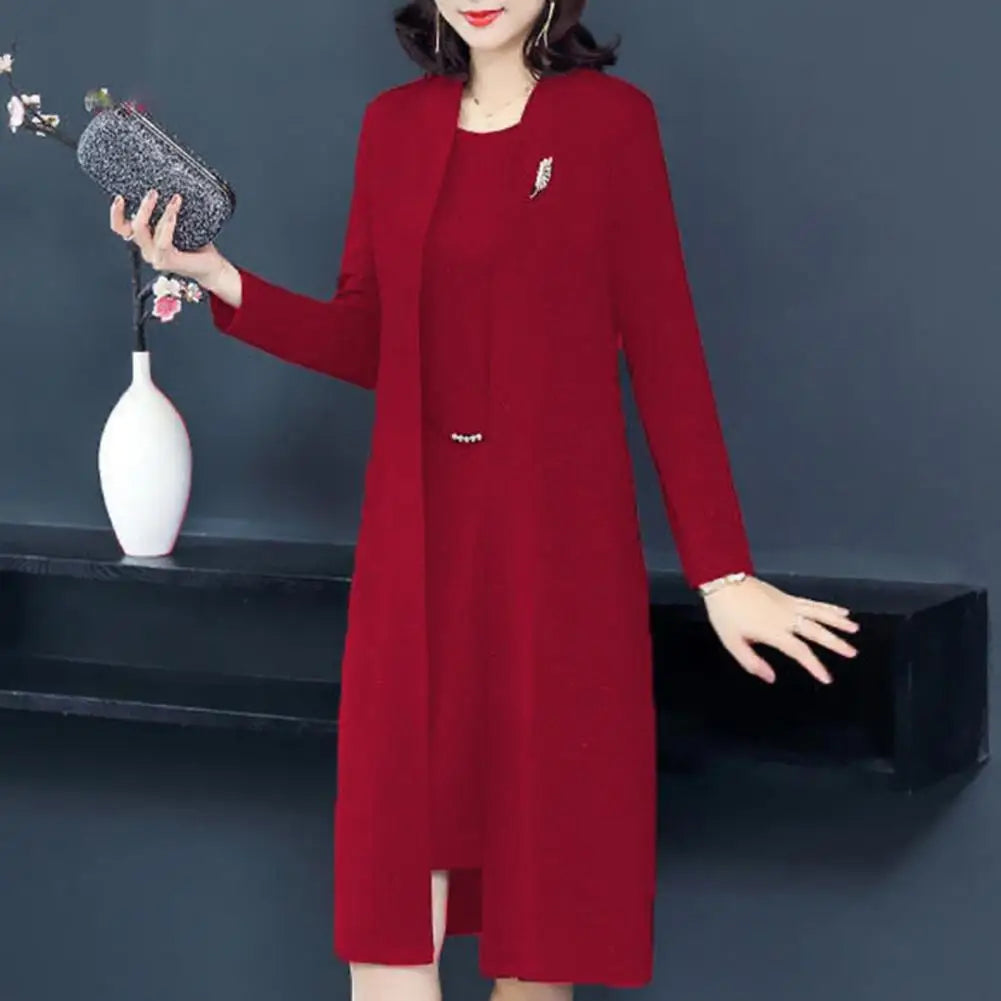 Women Dress Coat Suit Elegant Long Coat Dress Set Middle-age Women Formal Suit Set Long Cardigan O Neck Sleeveless Dress