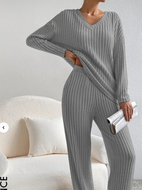 Solid Color Casual Loose Knitting Sets For Women Elegant Autumn Women's Two Pieces Suit Full Trouser Set Female Outfit Clothes