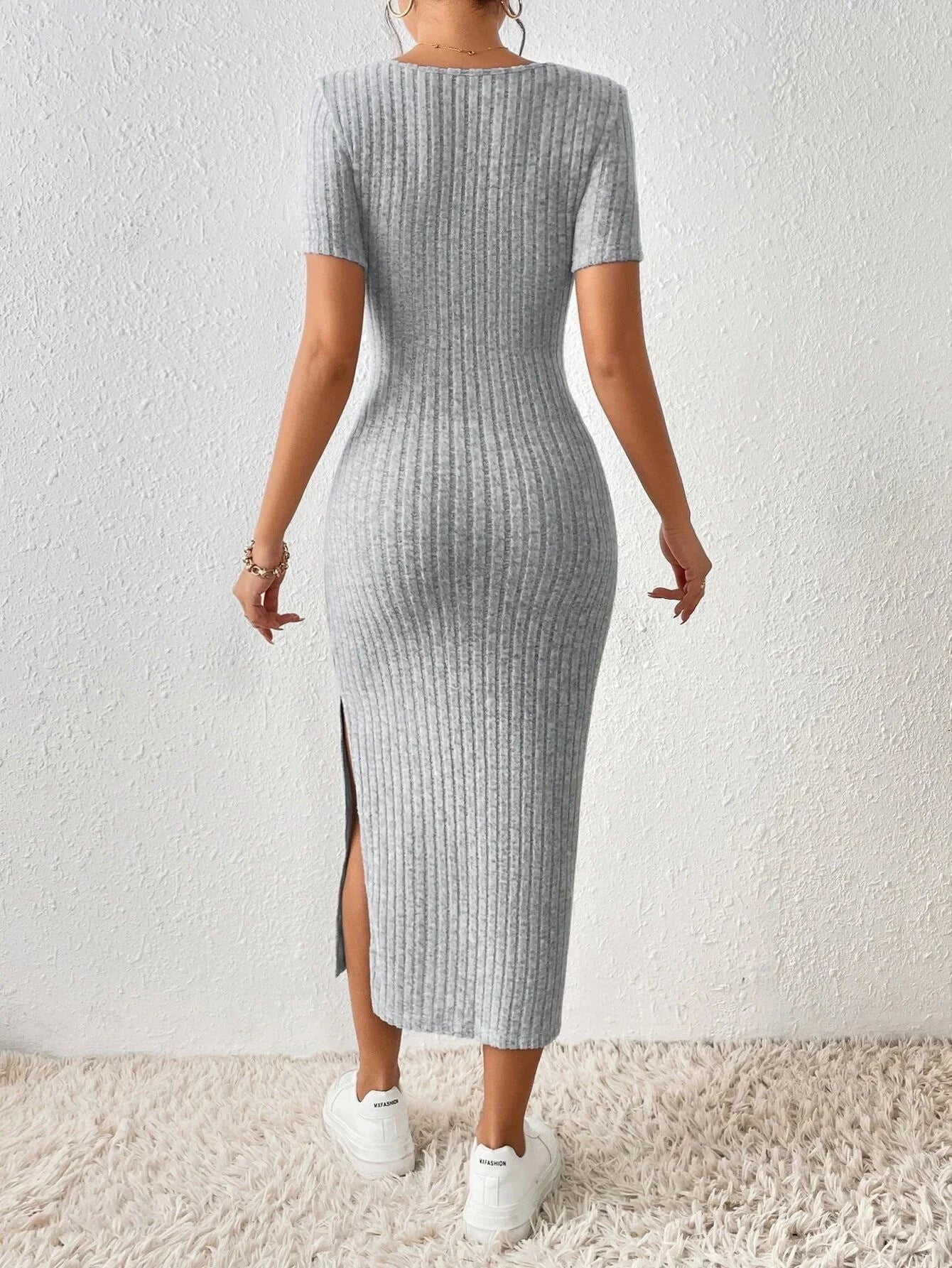 Women Spring Summer Style Knitted Dress Lady Casual Short Sleeve Square Collar Side Slit Dress