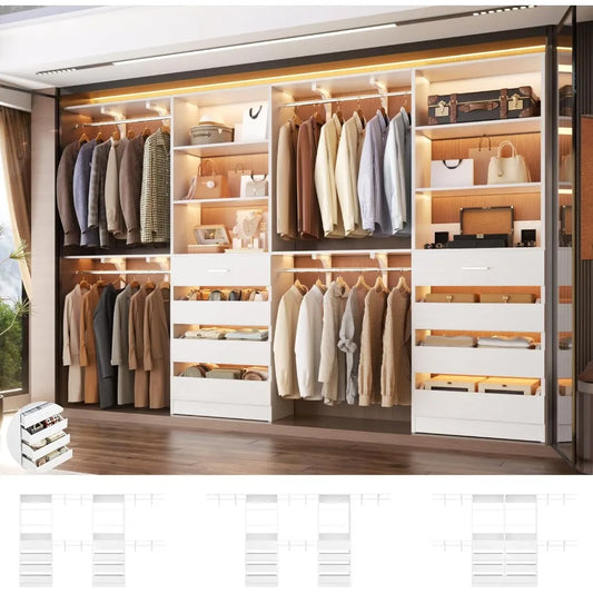 Closet System with 8 Wooden Drawers, Wood Closet Organizer System with Tower, Walk-in Closet Organizer Wardrobe Clothes Rack wi