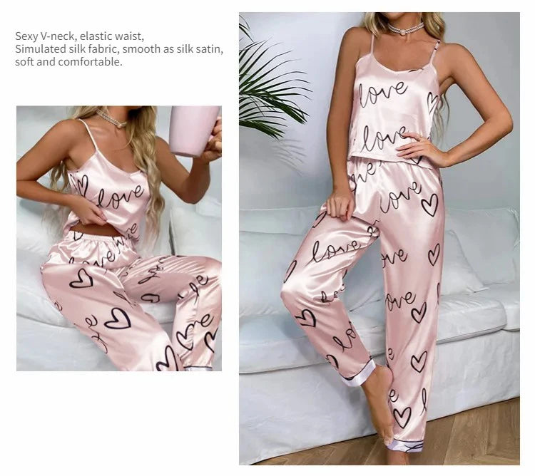 Women Satin Silk Pajamas Sets Letter Print Cami Vest Shirt