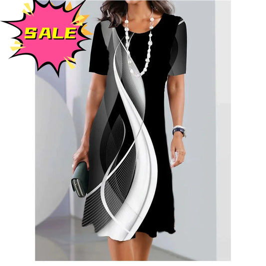 New Women's Dresses Striped Printed Elegant Casual O Neck Short Sleeve  Dresses Fashion Ladies Plus Size Clothing
