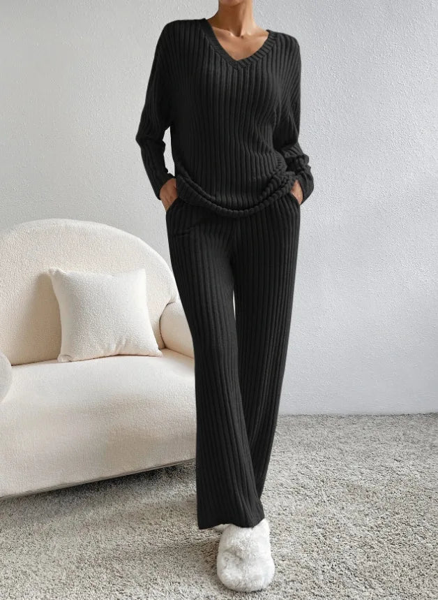 Solid Color Casual Loose Knitting Sets For Women Elegant Autumn Women's Two Pieces Suit Full Trouser Set Female Outfit Clothes