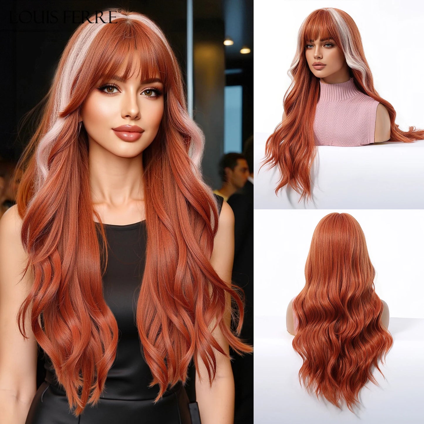 LOUIS FERRE Brown Blonde Highlights Wigs For Women Daily Long Wavy Curly Synthetic Wigs Natural Heat Resistant Hair With Bangs