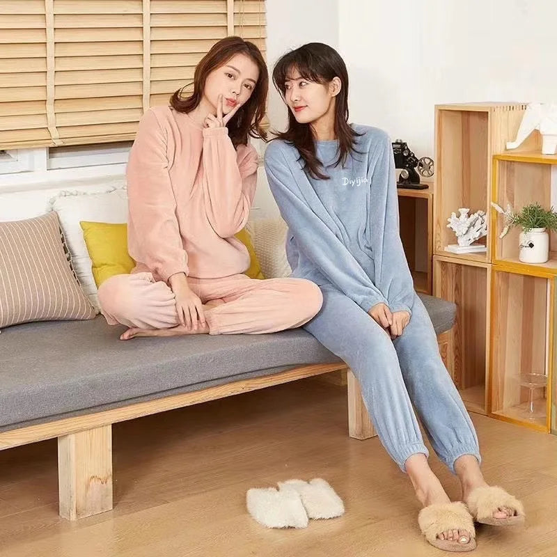 Warm Coral Fleece Pants Set Women's Loose Comfortable Home Wear Outerwear Versatile Lazy Girl Style Long Sleeve Cartoon Print