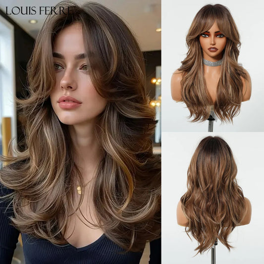 LOUIS FERRE Brown Highlights Wigs With Side Bangs For Women Daily Long Wavy Layered Synthetic Wigs Natural Heat Resistant Hair
