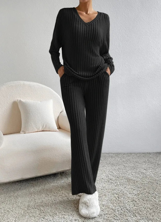 Solid Color Casual Loose Knitting Sets For Women Elegant Autumn Women's Two Pieces Suit Full Trouser Set Female Outfit Clothes
