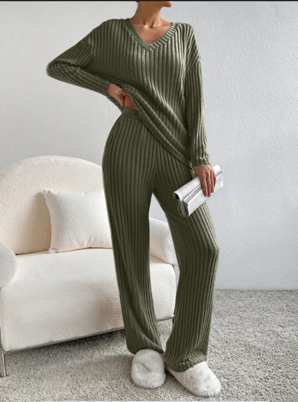 Solid Color Casual Loose Knitting Sets For Women Elegant Autumn Women's Two Pieces Suit Full Trouser Set Female Outfit Clothes