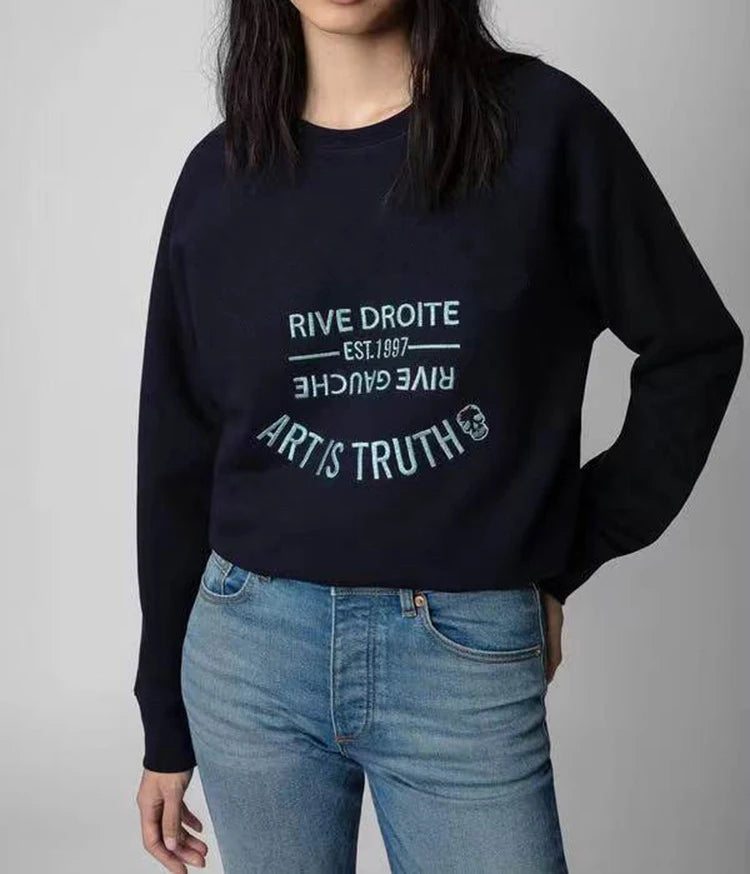 Early autumn new French niche ZV classic letter embroidery pink cotton women's embroidered pullover sweater sweatshirt