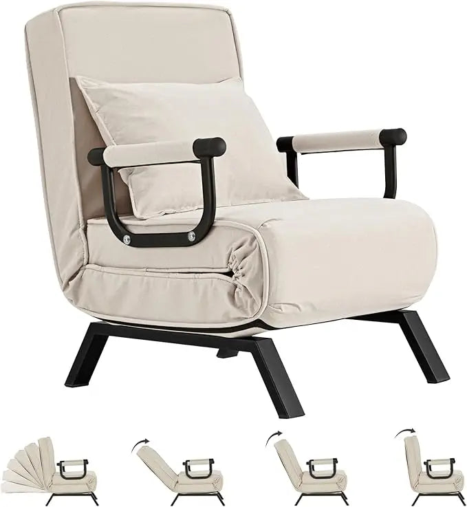 Convertible Bed Sleeper Chair,Tri-fold Upholstered Armchair Sleeper with Pillow,Folding Leisure Chaise Lounge Couch with 6 Angle