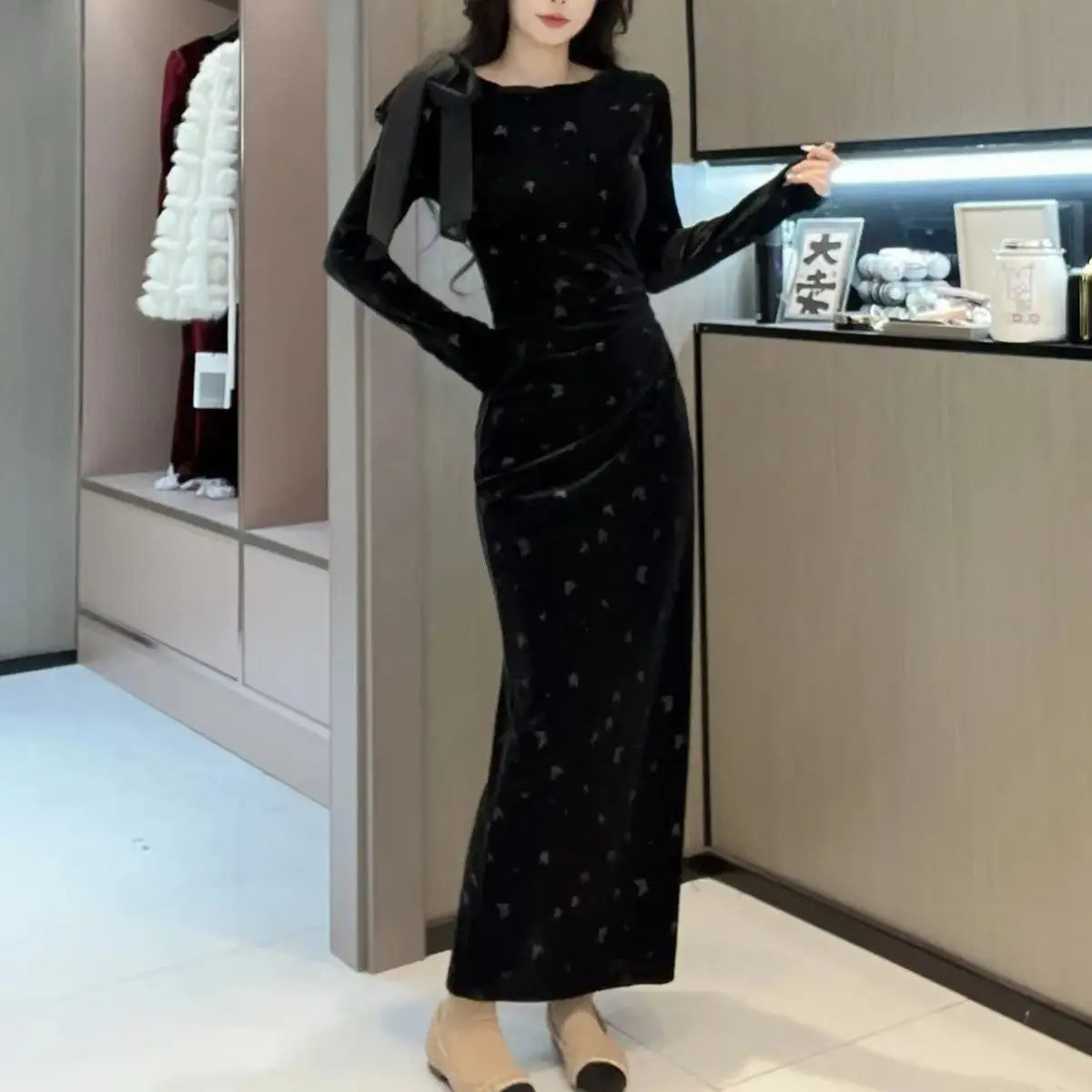 New Autumn Winter Long-sleeved Streamer Printed Floss Dress
